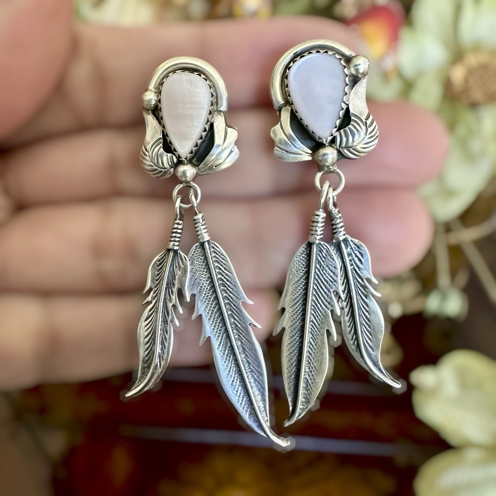 Vintage Navajo Dangle‎ Earrings 2.25 Inch MOP Shell Feather 925 Sterling 11.2g